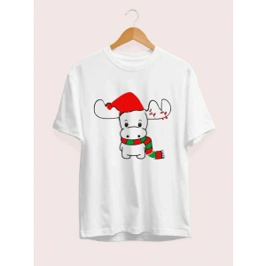 Yılbaşı Noel Ren Geyiği Baskılı Kısa Kollu Oversize Bisiklet Yaka T-shirt - Beyaz