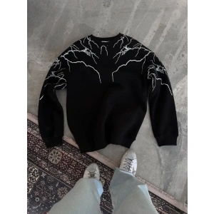 Yıldırım Baskılı Bisiklet Yaka SweatShirt - Siyah