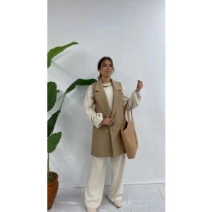 Zarif Camel Bej Kruvaze Yelek – Soft Tonlarda Premium Stil - Camel