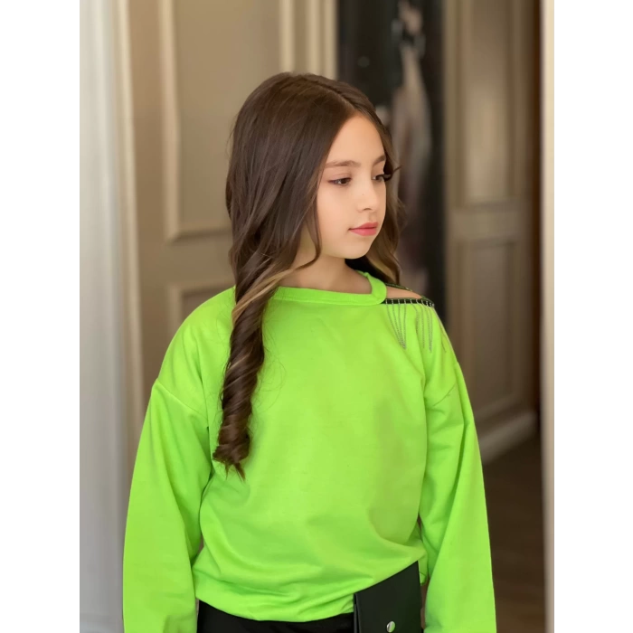 Neon Yeşil Omuz Detaylı Kız Çocuk Takım
