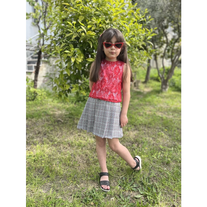 Ekose Etek Bluz Kız Çocuk Takım