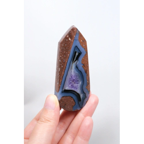 Amethyst Agate Freeform, Point Slab with Violet Druzy Pocket, Blue Bands & Terracotta Matrix, 69g