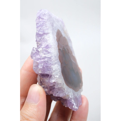 Amethyst Agate with Reddish Core, Snowy Fortification Rim & Raw Violet Crystal Back, 115g