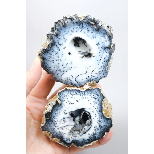 Curated 3D Dendritic Opal (Merlinite) Geode Pair, 292g