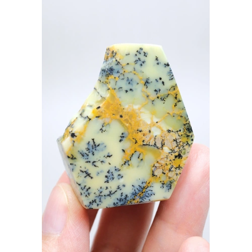 Yeşil Merlinit Serbest Form - Antep Fıstığı Dendritik Opal ile Turuncu Damalar ve Siyah Ağaç İçerikleri, 42g