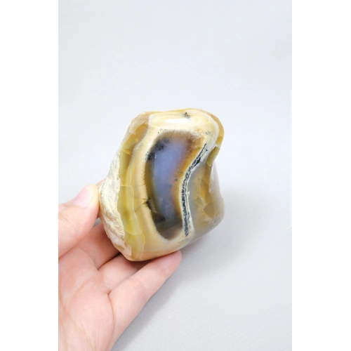 Honey and Blue Merlinite Freeform – Translucent Blue Chalcedony Core with Black Dendrites, 229g