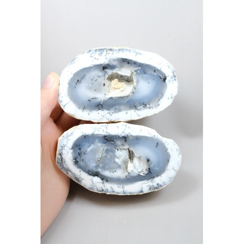 Large Polished Blue Merlinite Geode Pair – Translucent Ice-Blue Core with White Halo & Quartz Vug, 652g
