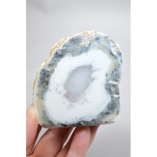 Lumineux bleu clair et blanc neigeux Dendritique Opale Coupe à Moitié avec des Inclusions de Manganèse Noir, 168g