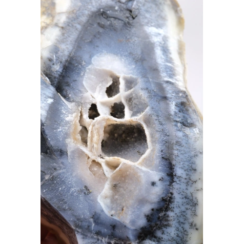 Natural Mavi & Bal Rengi Merlinite Geode Dilimi - Dendtritik Opal Kesilmiş Plaka ile Druzy Kuvars Boşluğu, 308g