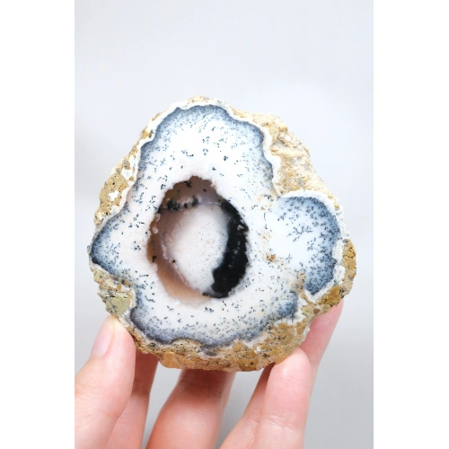 Polished Merlinite - Dendritic Opal Slab with Blue Banding & Pink Chalcedony Core, 264g