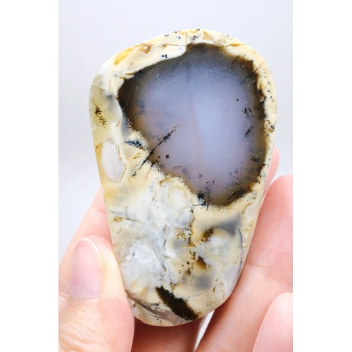 Nadir Renkli Merlinite Dilimi (İki Taraflı Cila Honey & Mavi Dendritik Opal) - Manzara Koleksiyon Taşı Numunesi (65g)