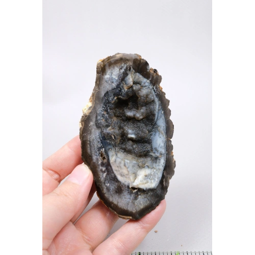 Raw Dark Smoky Blue & Black Merlinite Geode – Dendritic Opal with Druzy Cavity, 157g