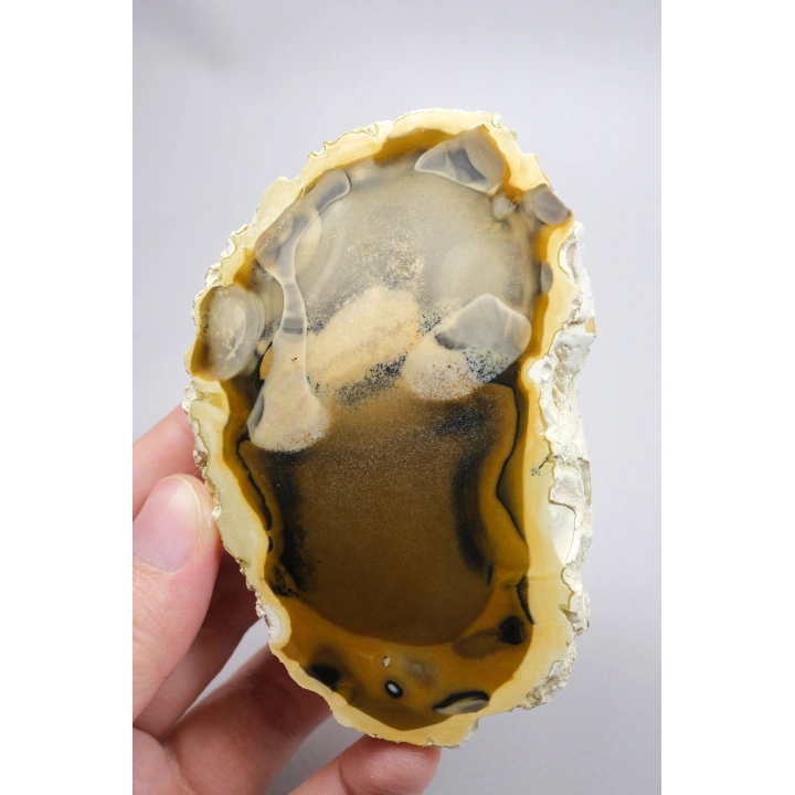 Amber ve Kahverengi Merlinit - Bal Dendritik Opal Yarım, Şeffaf Vurgular, 150g