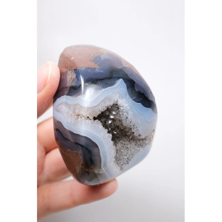 Ametist Akik Serbest Form, Tamamen Cilalanmış Parıldayan Druzy Cep & Bantlı Oniks Akik, 153g