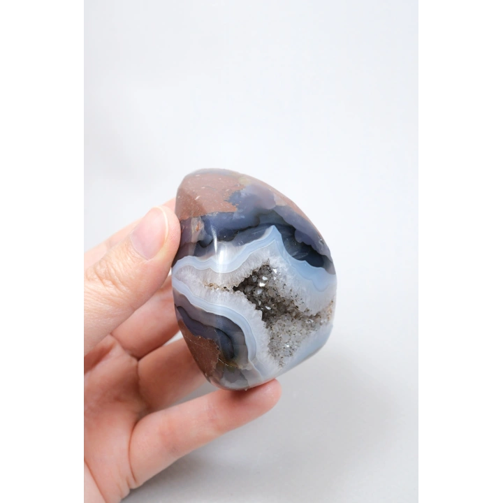 Ametist Akik Serbest Form, Tamamen Cilalanmış Parıldayan Druzy Cep & Bantlı Oniks Akik, 153g