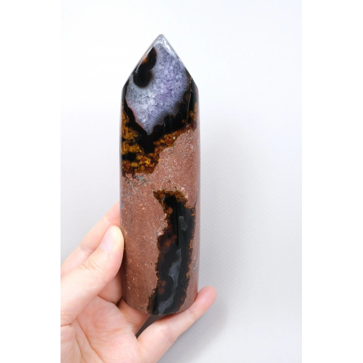 Mor Ametist Akik Kule Noktası, Siyah Çizgili ve Mor Druzy ile Cilalanmış Obelisk, 223g