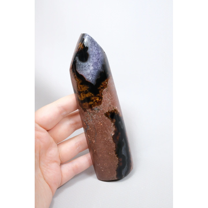 Mor Ametist Akik Kule Noktası, Siyah Çizgili ve Mor Druzy ile Cilalanmış Obelisk, 223g