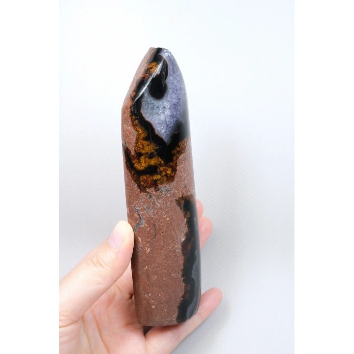 Mor Ametist Akik Kule Noktası, Siyah Çizgili ve Mor Druzy ile Cilalanmış Obelisk, 223g