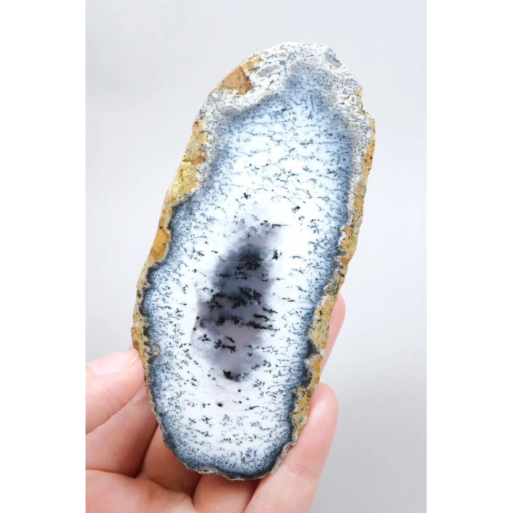 Blue and Snowy White Merlinit - Dendritik Opal Dilimi ile Siyah İçermeler, 186g