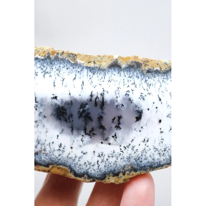Blue and Snowy White Merlinit - Dendritik Opal Dilimi ile Siyah İçermeler, 186g