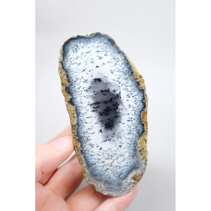 Blue and Snowy White Merlinit - Dendritik Opal Dilimi ile Siyah İçermeler, 186g