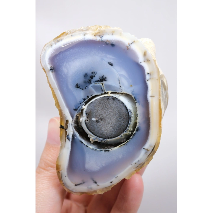 Tranche dOpale dendritique bleue et jaune (Merlinite) avec une frappante formation naturelle en œil, 299g