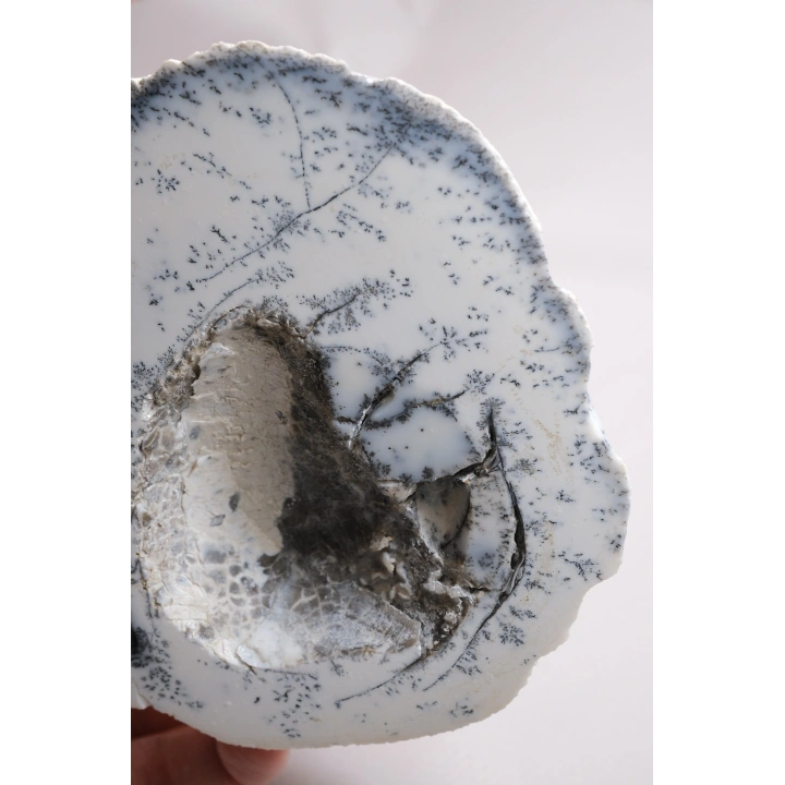 Mavi-Beyaz Dendritik Opal Levha – Şeffaf Buz-Mavi Çekirdek ile Doğal Matris Boşluğu ve Siyah Dendritler, 222g
