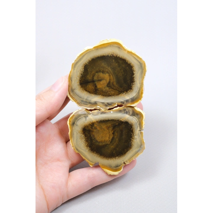 Koyu Bal Rengi ve Kehribar Tonlu Merlinit – Konsantrik Renk Bantlarına Sahip Dendritik Opal Çifti, 112 g