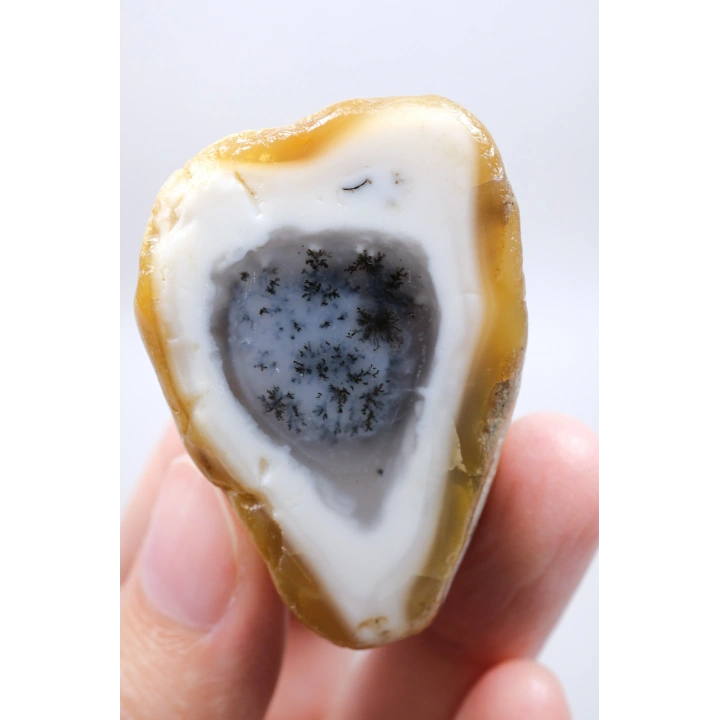Dendritik Opal Kış Ormanı Dilimi - Cilalı Merlinite Portal - Mavi ve Beyaz Dendritik İçerik