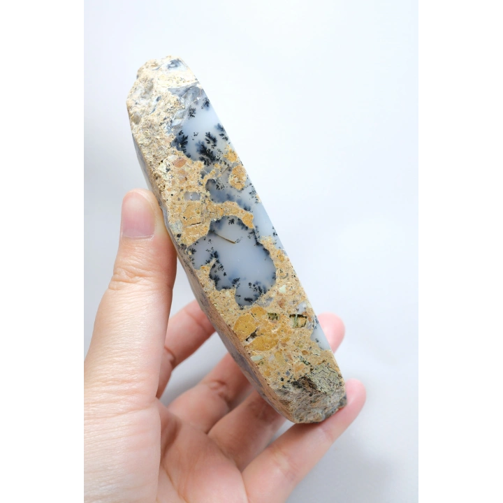 Kararsız buz mavisi, süt beyazı ve kömür siyahı Dendritik Opal Serbest Form Yarım, 479g