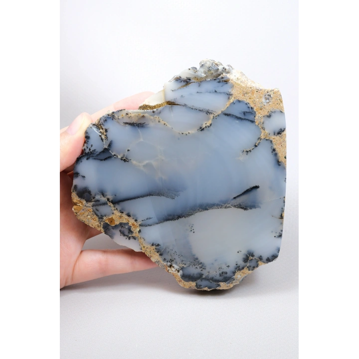 Kararsız buz mavisi, süt beyazı ve kömür siyahı Dendritik Opal Serbest Form Yarım, 479g