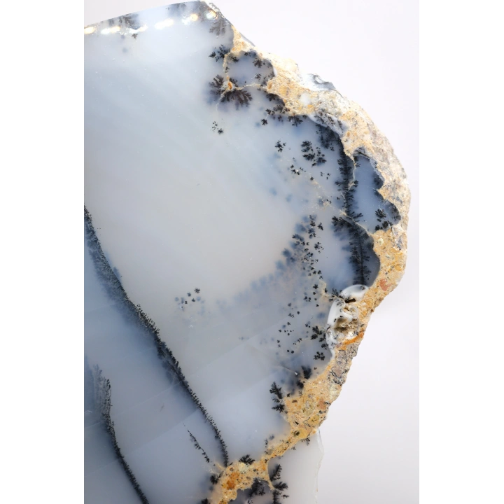Kararsız buz mavisi, süt beyazı ve kömür siyahı Dendritik Opal Serbest Form Yarım, 479g