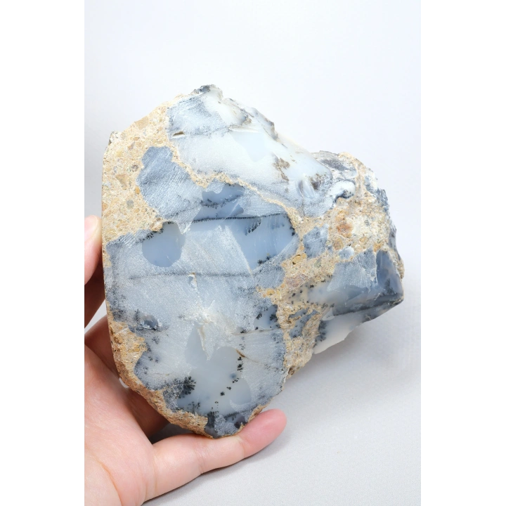 Kararsız buz mavisi, süt beyazı ve kömür siyahı Dendritik Opal Serbest Form Yarım, 479g