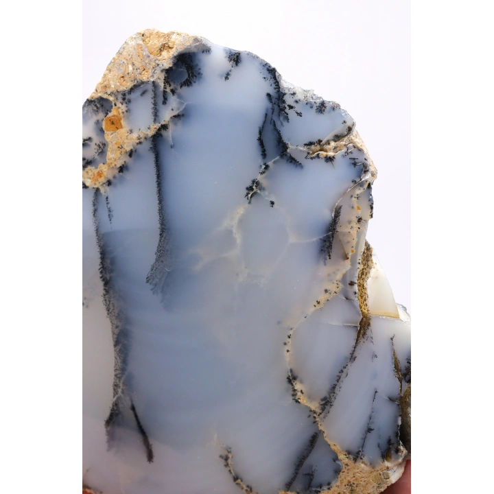 Kararsız buz mavisi, süt beyazı ve kömür siyahı Dendritik Opal Serbest Form Yarım, 479g