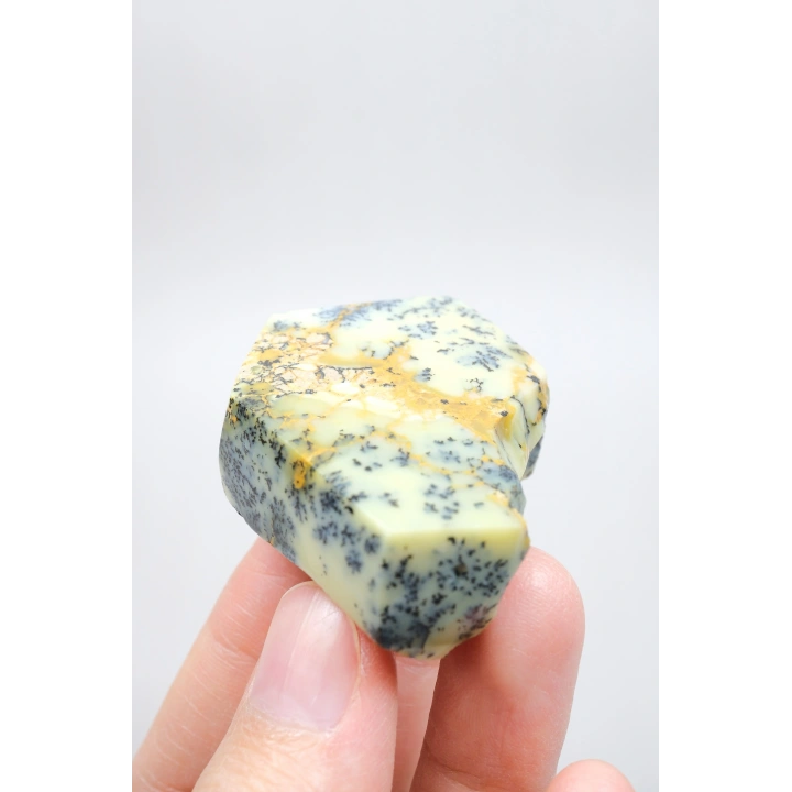 Yeşil Merlinit Serbest Form - Antep Fıstığı Dendritik Opal ile Turuncu Damalar ve Siyah Ağaç İçerikleri, 42g