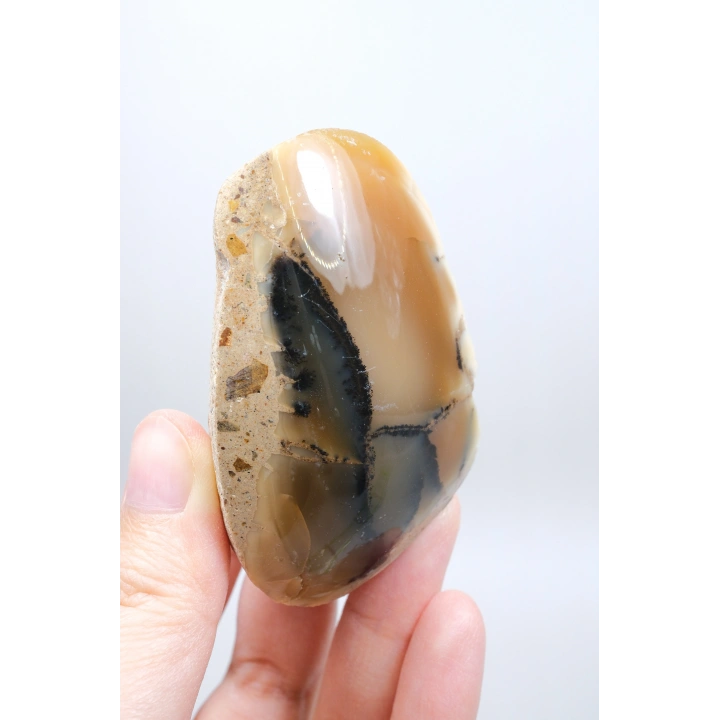 Bal Rengi Dendritik Opal Cilalı | Koyu Kahverengi Dendritik Opal ile Siyah İçerikler