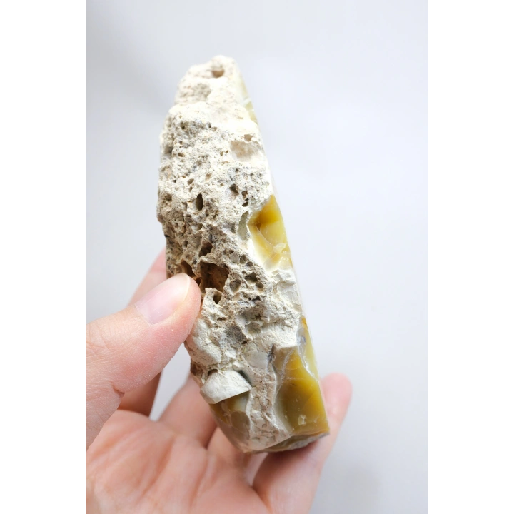 Bal-Sarı ve Buz-Mavi Dendritik Opal Levha - Kuvars Jeot Boşlukları ve Siyah Dendrit Tüyler, 377g