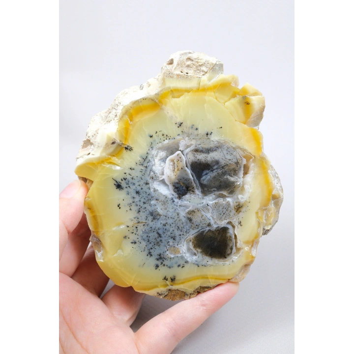 Bal-Sarı ve Buz-Mavi Dendritik Opal Levha - Kuvars Jeot Boşlukları ve Siyah Dendrit Tüyler, 377g