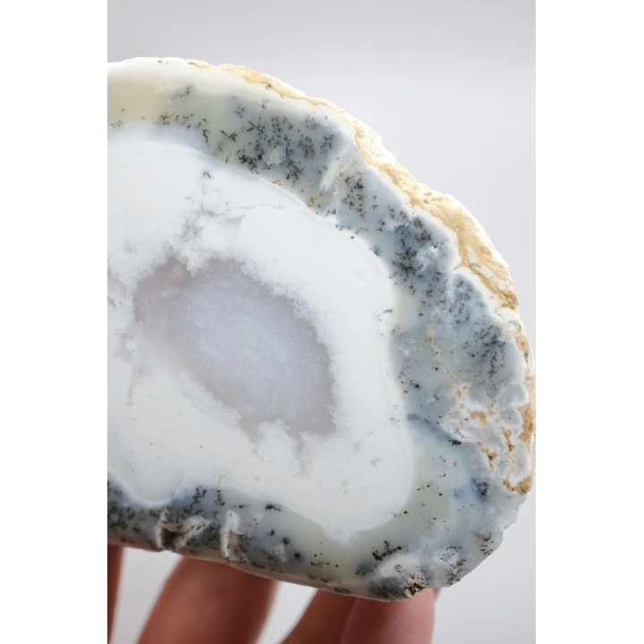 Ópalo dendrítico azul claro y blanco níveo, cortado por la mitad, con inclusiones negras de manganeso, 168 g