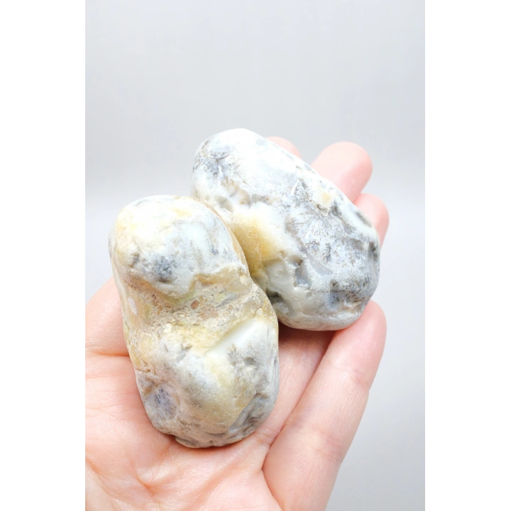 Merlinit (Dendritik Opal) - Mavi Kalsedon ve Bal Opal Cilalanmış Çift | Fikir ve Dengelenme Taşı