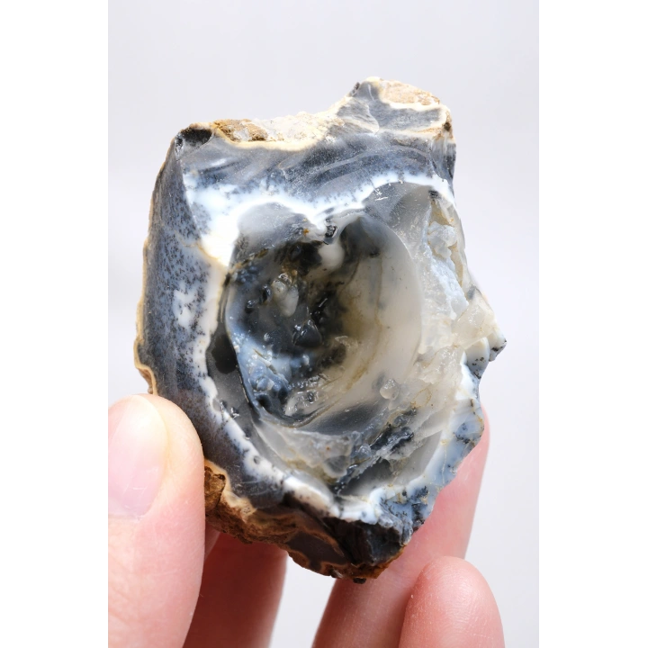 Merlinite 树枝状蛋白石晶洞 —— 内部中空的结核，伴有葡萄状玉髓与立体黑色树枝状纹理，重 67 克