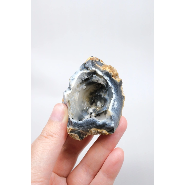 Merlinite 树枝状蛋白石晶洞 —— 内部中空的结核，伴有葡萄状玉髓与立体黑色树枝状纹理，重 67 克