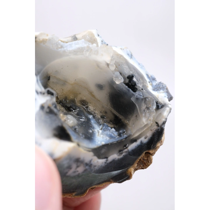 Merlinite 树枝状蛋白石晶洞 —— 内部中空的结核，伴有葡萄状玉髓与立体黑色树枝状纹理，重 67 克