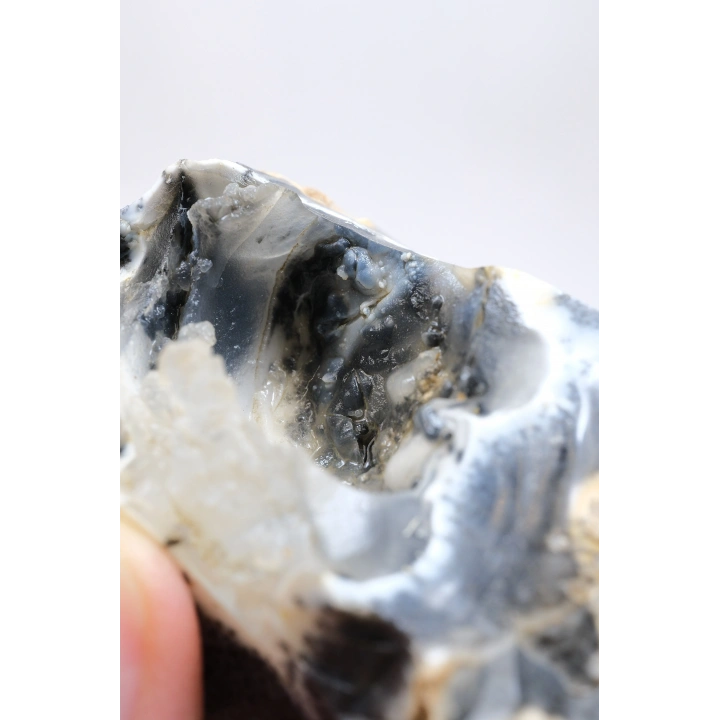 Merlinite 树枝状蛋白石晶洞 —— 内部中空的结核，伴有葡萄状玉髓与立体黑色树枝状纹理，重 67 克