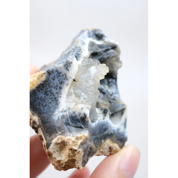 Merlinite 树枝状蛋白石晶洞 —— 内部中空的结核，伴有葡萄状玉髓与立体黑色树枝状纹理，重 67 克