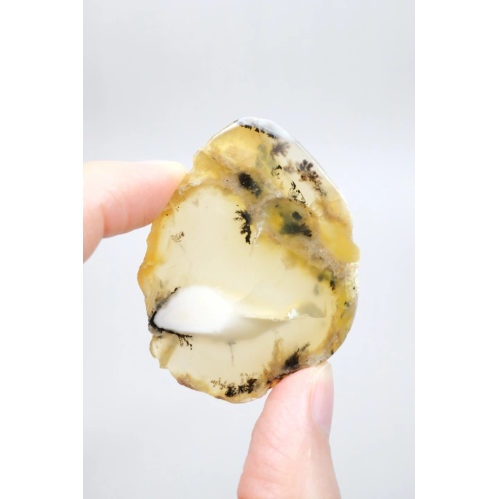 Merlinit Dilimi – Şeffaf Sarı ve Beyaz Dendritik Opal ile İnce Siyah İçerikler, 13g