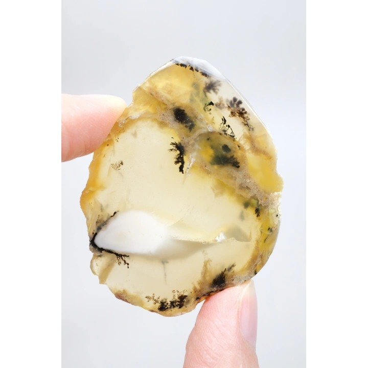 Merlinit Dilimi – Şeffaf Sarı ve Beyaz Dendritik Opal ile İnce Siyah İçerikler, 13g