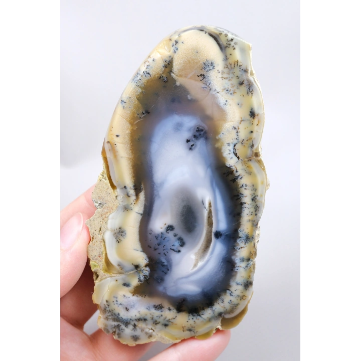 Multicolor Dendritischer Opal Scheibe - Eiskern mit Honiggelbem Band & Feinen Schwarzen Dendriten, 201g