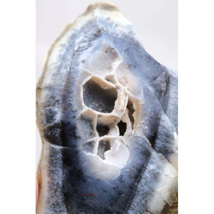 Natural Mavi & Bal Rengi Merlinite Geode Dilimi - Dendtritik Opal Kesilmiş Plaka ile Druzy Kuvars Boşluğu, 308g