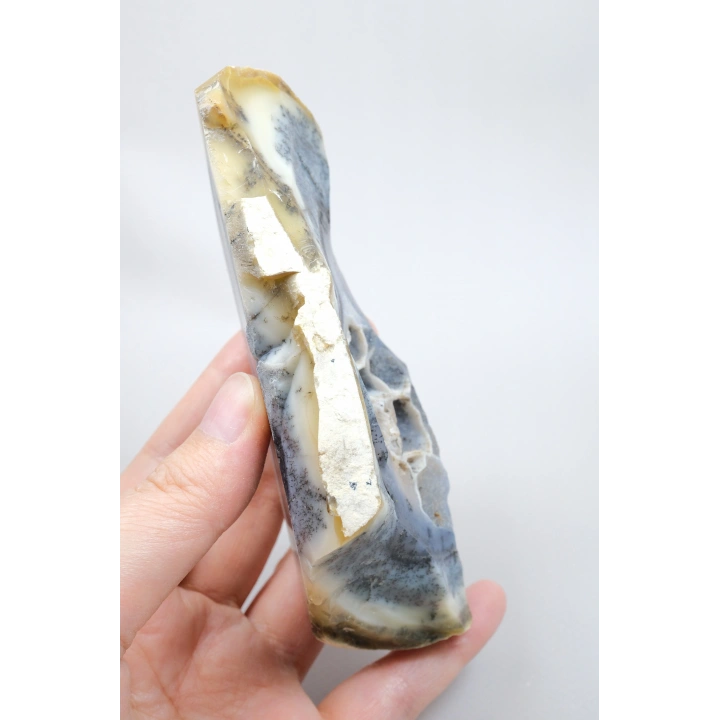 Natural Mavi & Bal Rengi Merlinite Geode Dilimi - Dendtritik Opal Kesilmiş Plaka ile Druzy Kuvars Boşluğu, 308g